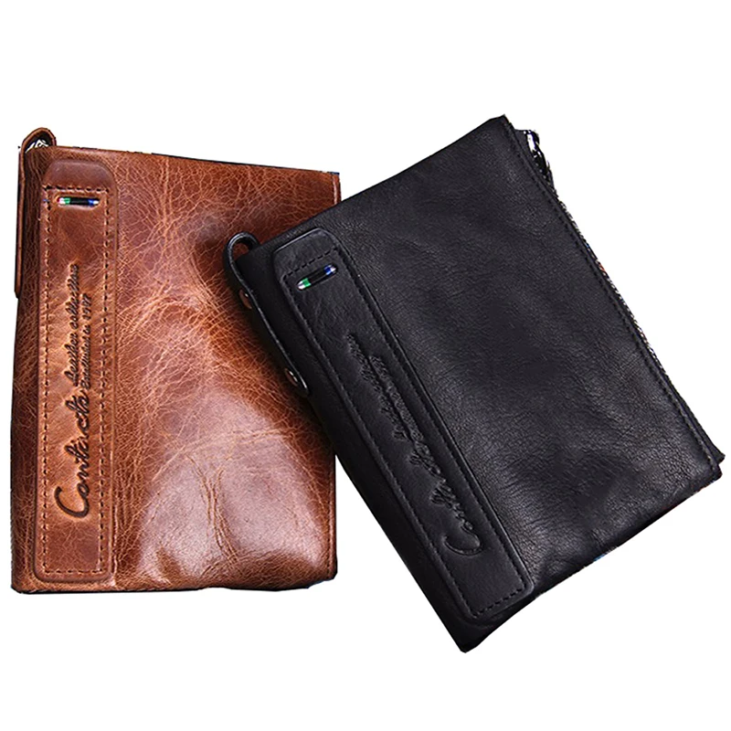 Men's Wallet Short Fashion Coin Purse Crazy Horse Cowhide Double Pull Bag Anti-theft Brush Waterproof Couple Style Women's Black