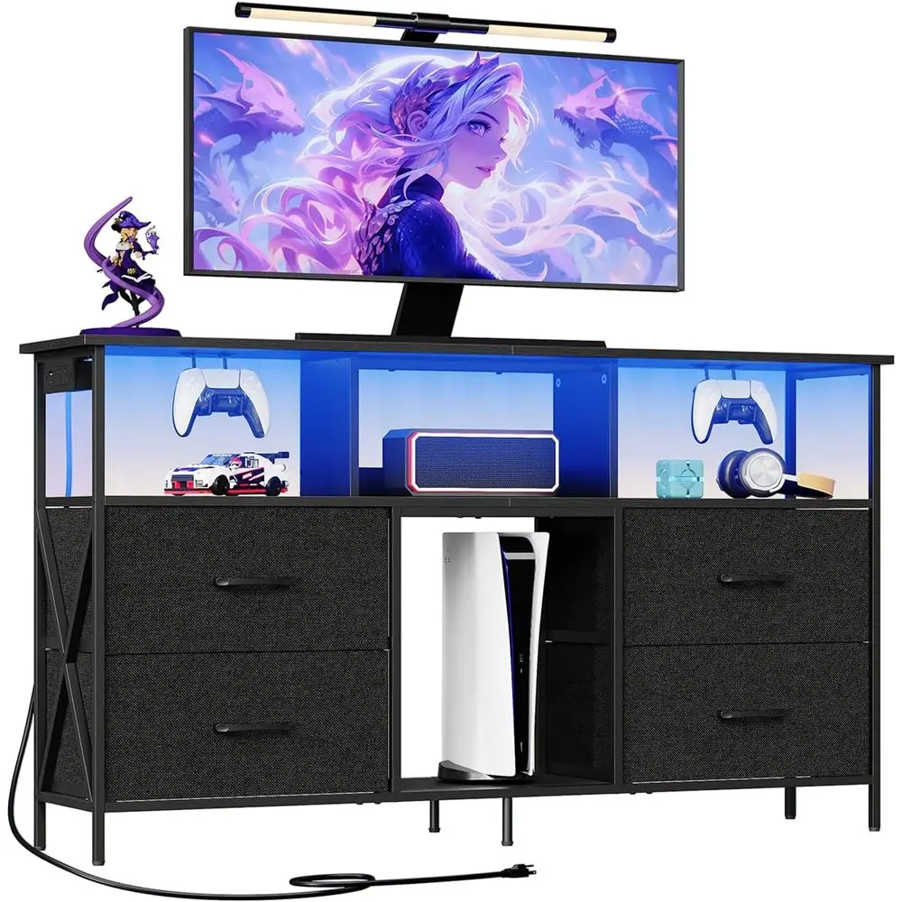 

Black Entertainment Center with LED Lights, Drawers, and Power Outlets for 60'' TV in Living Room