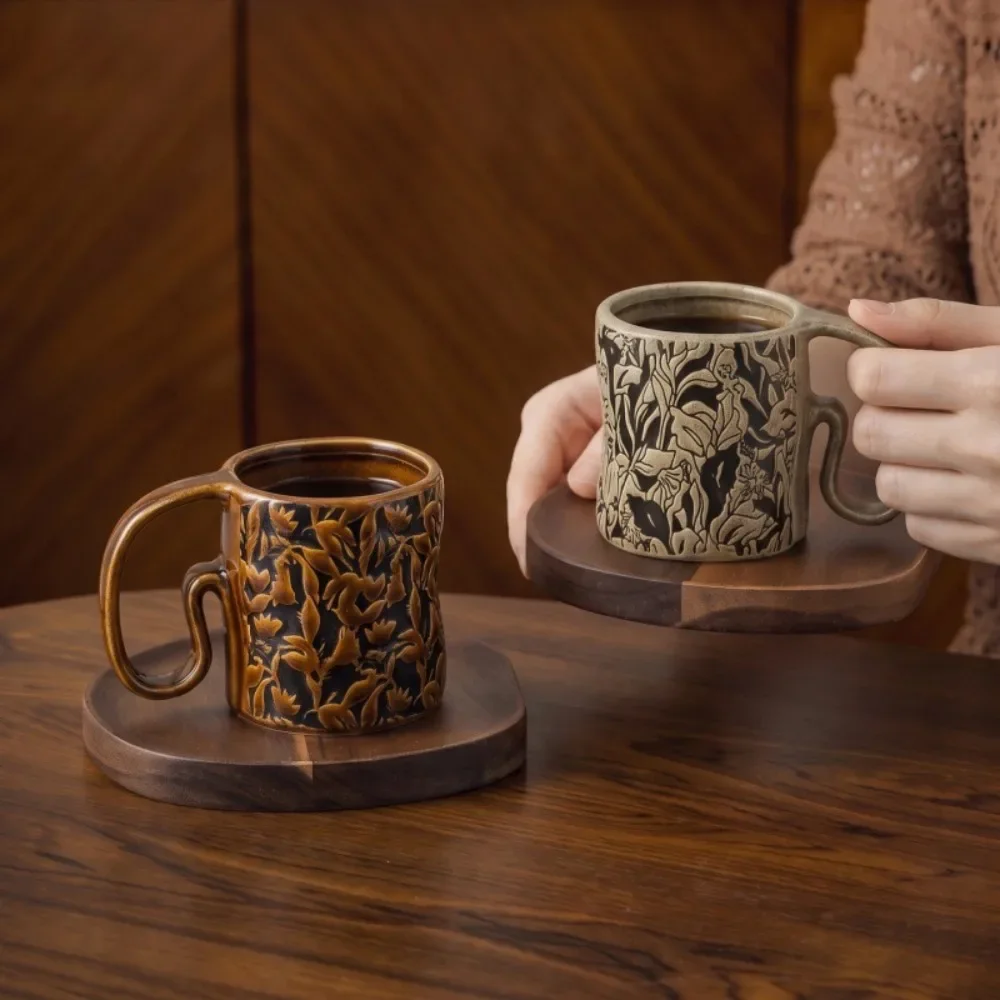 Retro Embossed Floral Ceramic Cup with Irregular Curved Handle Coffee Cup Retro Hand-carved Pattern Tea Cup Creative Home Drinks