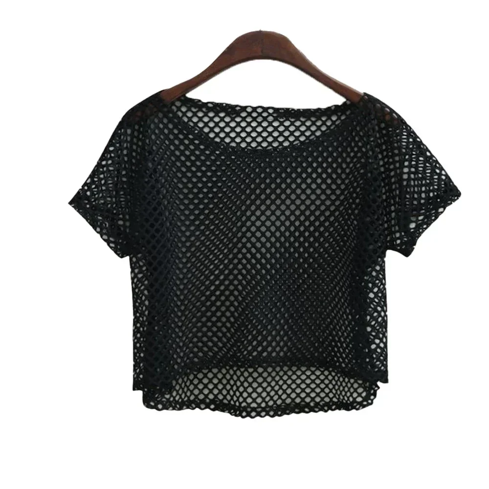 Fashion Lady Fishnet Transparent Crop Tops T-shirt For Women Summer Short Sleeve O Neck Solid T Shirt Tees Female Clothing