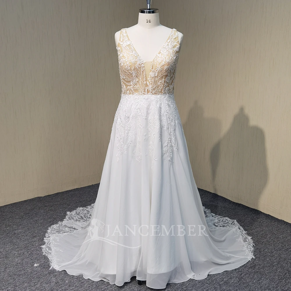 

Elegant Women's Wedding Dresses A-line Lace V-neck vestidos de novia Princess Bridal Gowns Formal Beach Bride Dress Customized
