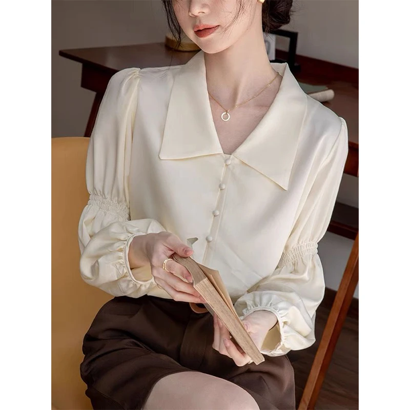 Women Autumn Vintage Simplicity Solid Color Polo-Neck Long Sleeve Chiffon Shirts Ladies Fashion All-match Appear Thin Trend Tops