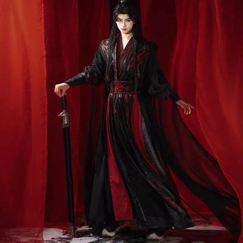 

Black Red Halloween Hanfu for Men Women Traditional Chinese Embroidered Clothing Vintage Dragon Woven Robe Moran Cosplay Suits