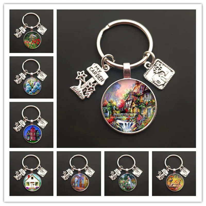 Новый-Цветочный-брелок-домик-Цветочный-дом-садовый-художественный-Рисунок-стеклянный-брелок-для-ключей-цепочка-Шарм-ювелирный-подарок
