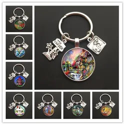 New flower house keychain flower house garden art painting glass keychain bag chain charm jewelry gift