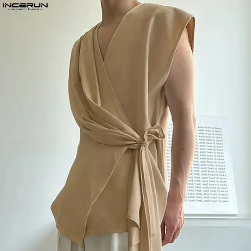 Men's Solid Pleated Sleeveless Shawl Top