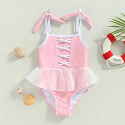 Yiiciovy 1-6 Years Toddler Kids Girls Princess Swimsuit Sweet Sleeveless Bandage Strap Tulle Swimwears Summer Beach Bodysuits