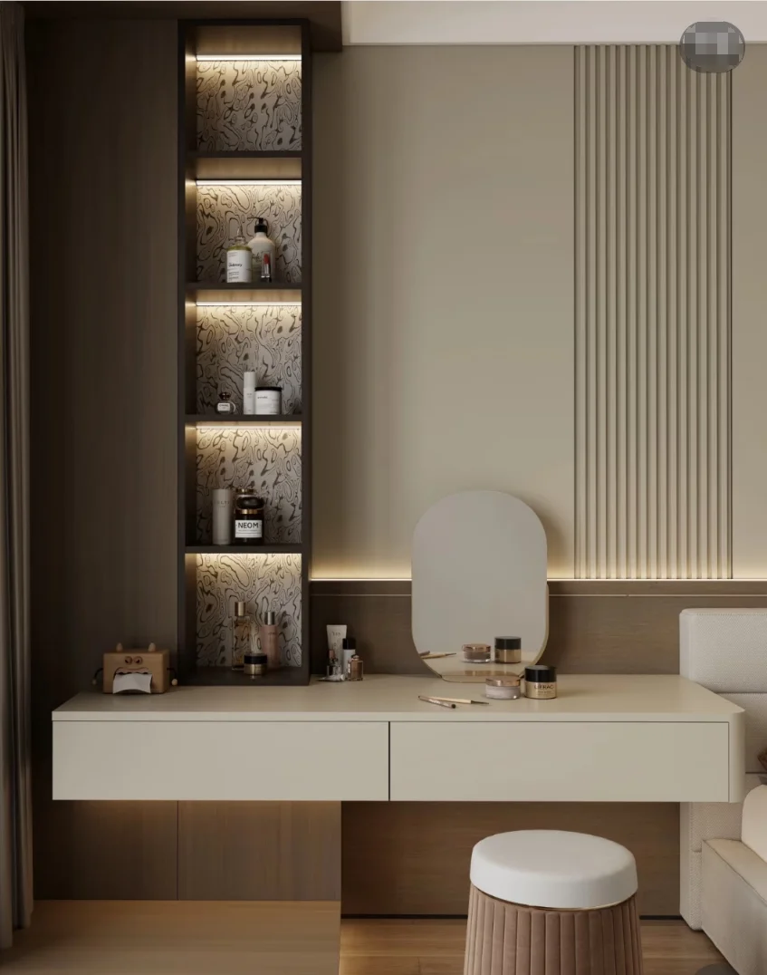 

Modern Wood Design Wall-Mounted Dressing Table with 2 Drawers Storage Cabinet with Background Wallpromote sales