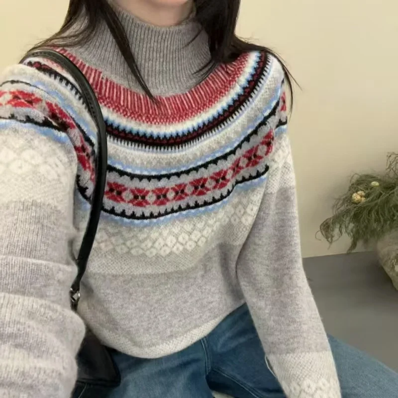 Feld Island Semi-high Neck Cashmere Sweater Women's Fall/Winter New Loose Head National Style Knitted Bottom Shirt