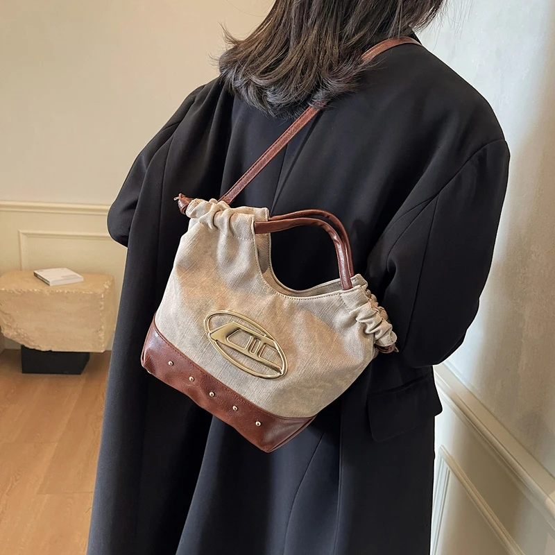 

Large Capacity Fashion Versatile Women's Canvas Single Shoulder Crossbody Bag Simple Casual Color Blocked Sports Storage Bags