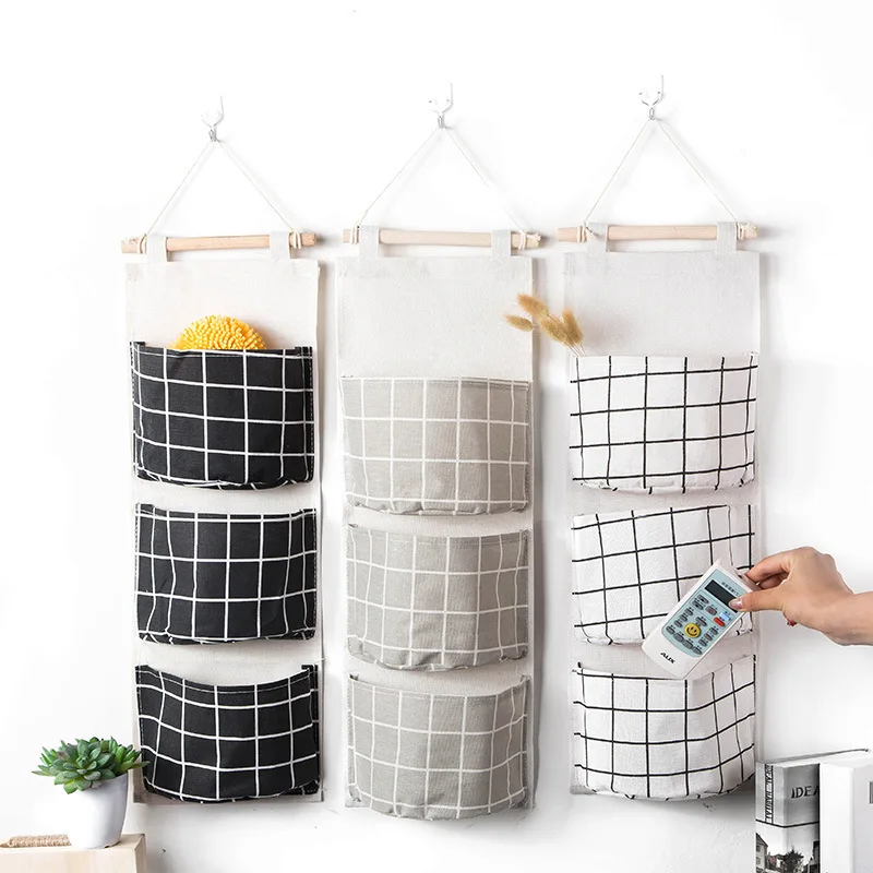 

Simple three-pocket storage hanging bag Thickened multi-layer hanging pocket Lattice door Sundries storage bag Storage bag