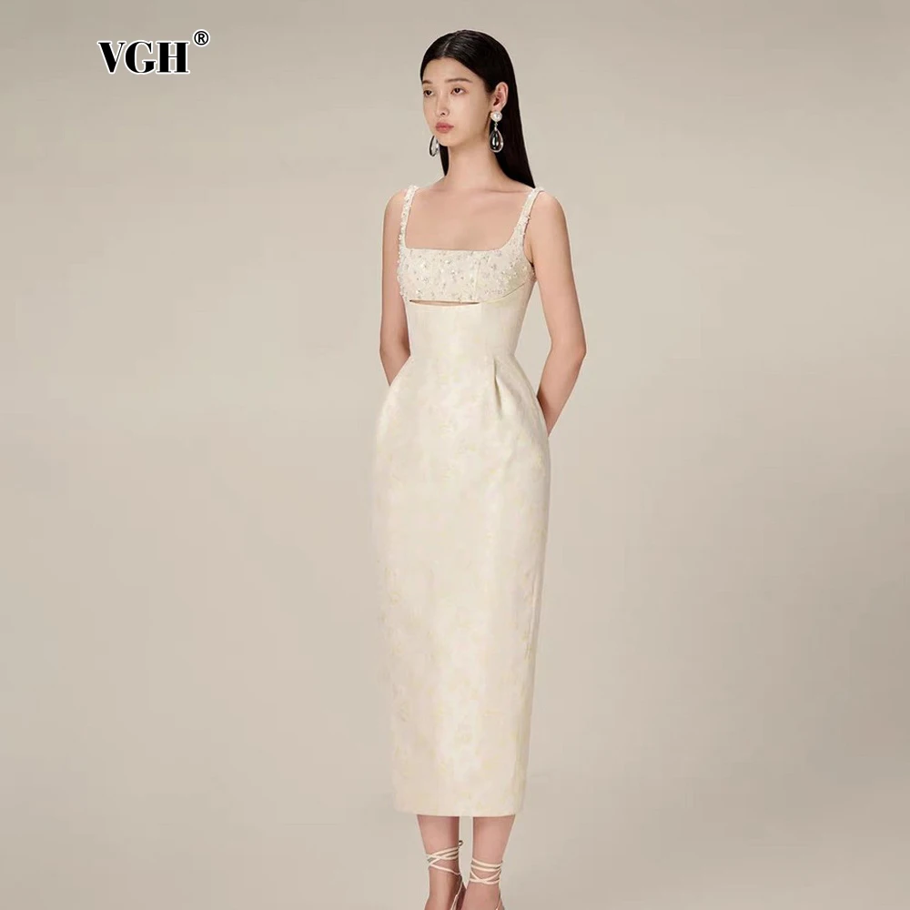 VGH Hollow Out Spliced Sequins Long Dress For Women Square Collar Sleeveless Backless High Waist Slimming Dresses Female Style