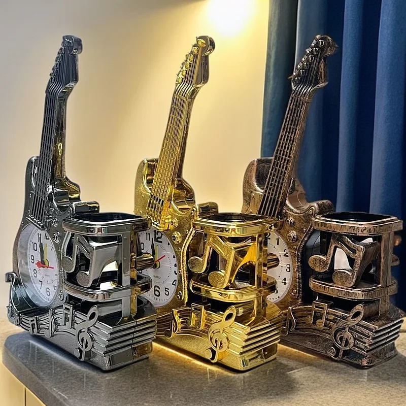 1pcs Guitar Alarm Clock with Pen Holder Creative Home Desktop Ornament Battery Powered (Batteries Not Included)