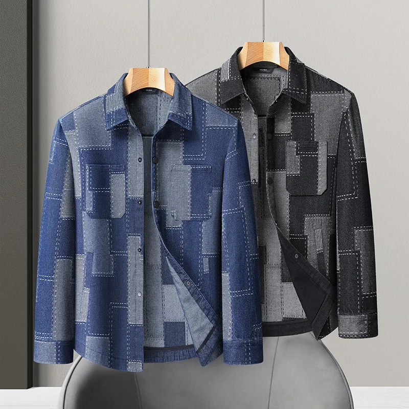 المتضخم L-8XL الرجال منقوشة تصميم الدنيم الستر الشباب شارع العليا ارتداء فضفاض متقلب القطن معطف واحدة الصدر أعلى الملابس