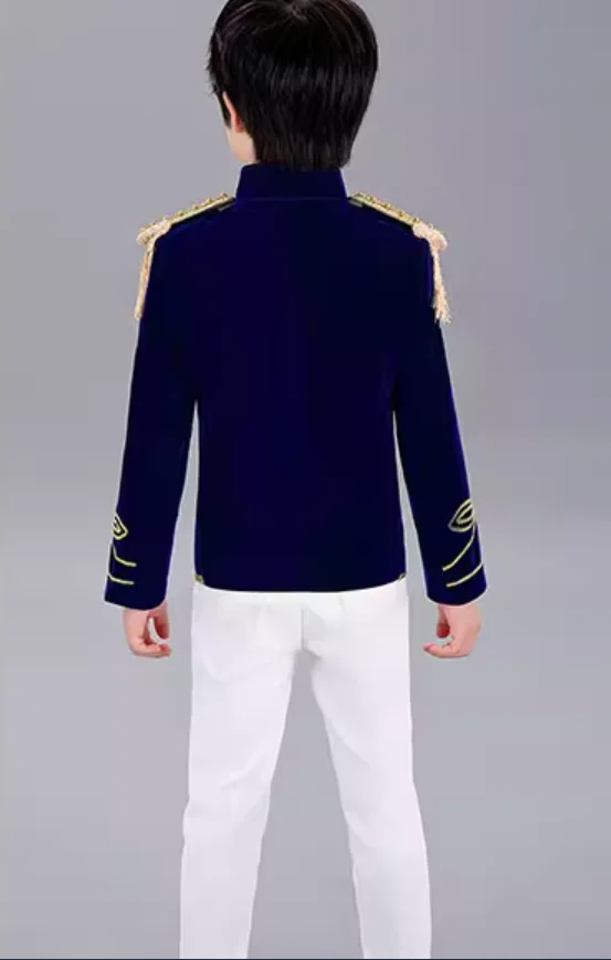 Vestido militar para crianças, veludo plano, estilo azul marinho, bandeira de tambor e música, vestido de encadernação