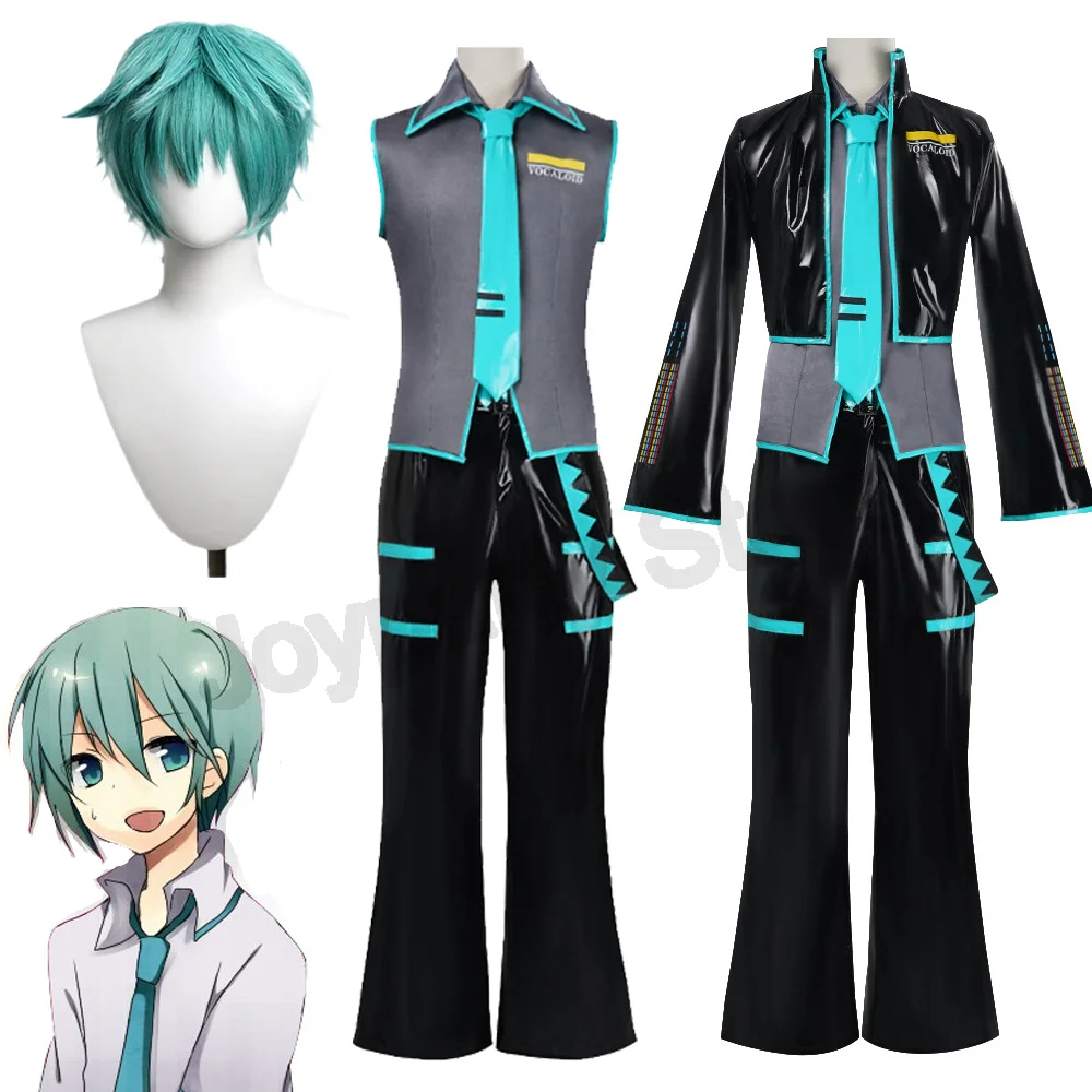 Anime Mikuo Männer Version Cosplay Kostüm Grüne Farbe Jede Größe Maßgeschneidertes Komplettset Perfekte maßgeschneiderte schwarze Jacken mit grünen Perücken