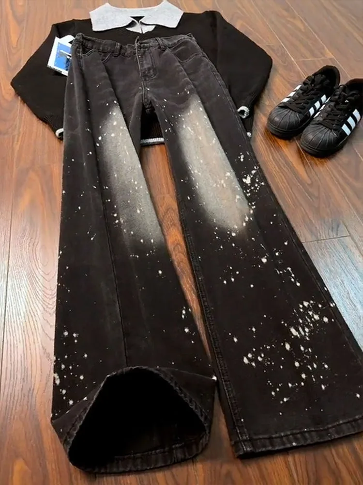 

Bla Ink Splatter Wide Leg Men's Jeans Spring Autumn Sli Design Slimming Straight Micro Flared Pants Casual Wear