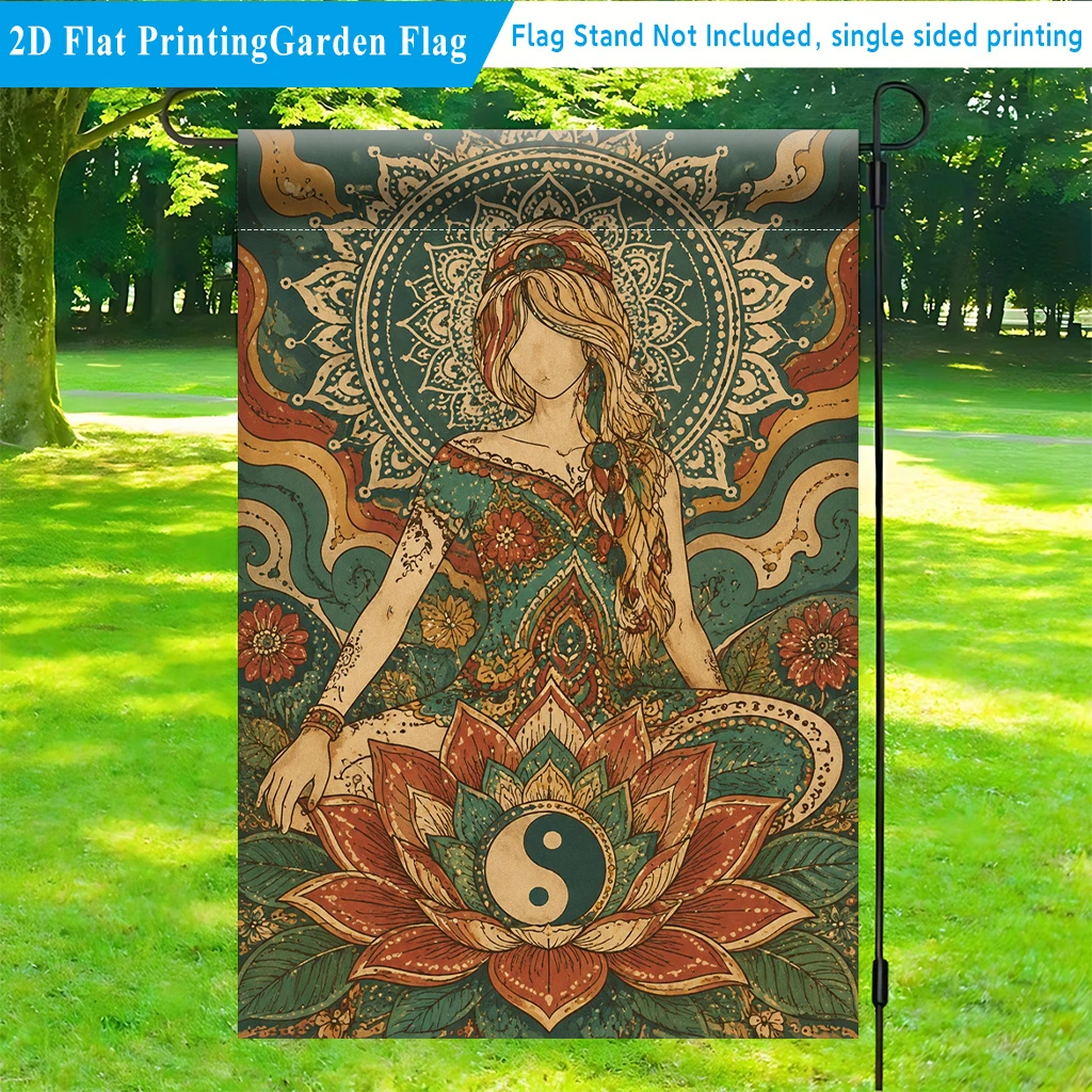 1pc Boho Yoga Girl Lotus Yin Yang Garden Flag Bohemian Mandala Single Sided Yard Flag for Outdoor Patio Decor