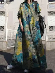 ZANZEA Fashion Floral Printed Sundress Autumn Women Vintage Long Sleeve Lapel Neck Shirt Dress Loose Cotton Bohemian Vestido