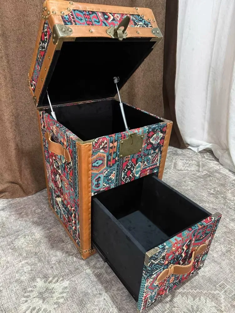 Chinese Style Retro Home Use Solid Wood Bedside Table Bedroom Oil Wax leather Color Woven Cloth Decoration Unique Storage Chest