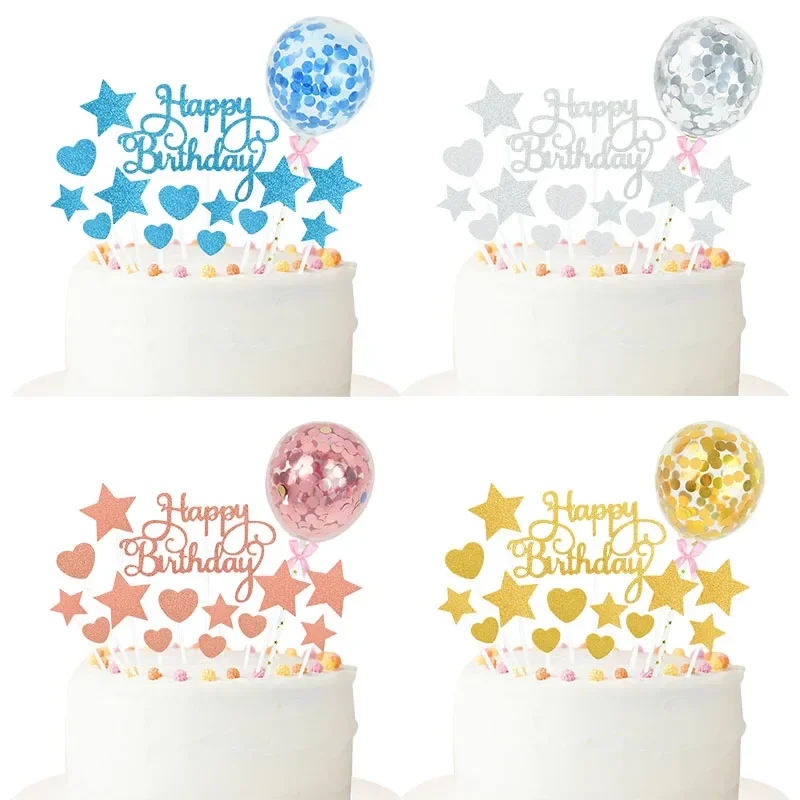 

Happy Birthday Cake Decoration Set with Toppers, Flag, Confetti, Balloon - Kids Birthday Party Decor