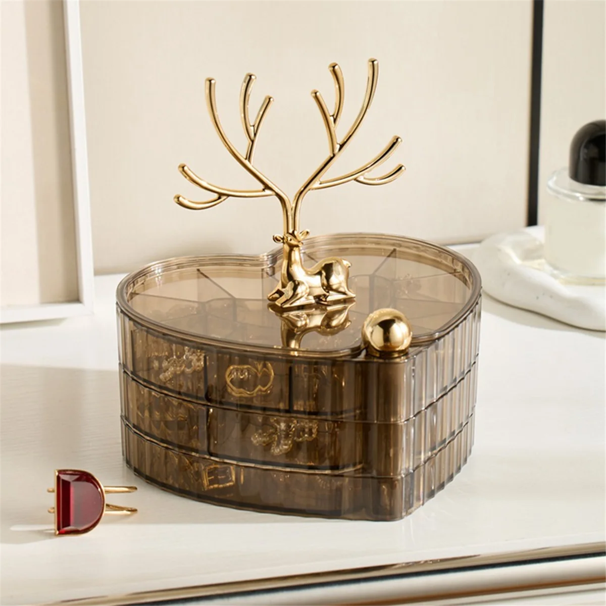 Jewelry Boxes & Organizers, 3-Layer Rotating Jewelry Tray Case, Long Antlers for Rings, Jewelry Storage Box,C