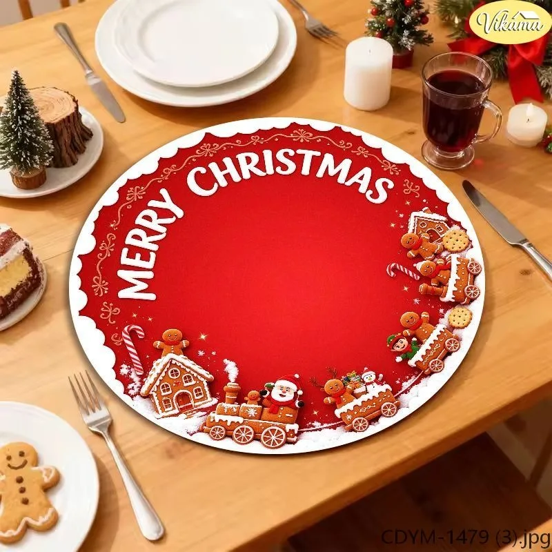 VIKAMA Washable Round Christmas Placemat, Red Merry Christmas Toy Train Snowman Snowy Pine Ice Arch Kids Mat
