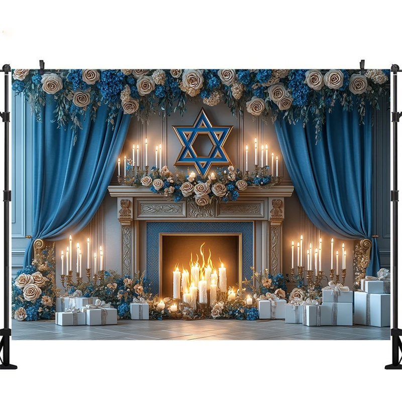 LS Photography Background Christmas Fireplace Blue Curtain Flowers Xmas Tree Kids Family Portrait Decor Backdrop Photo Studio