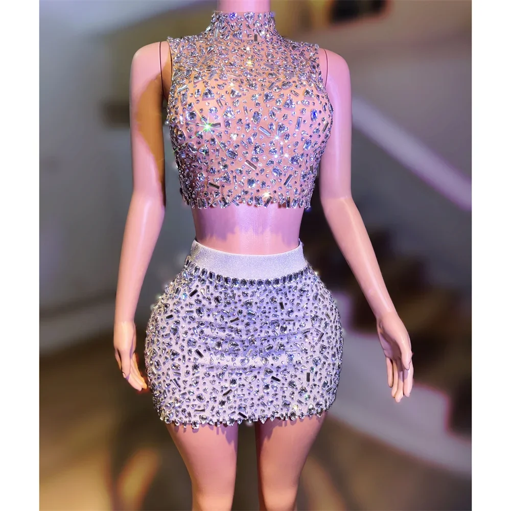 Sexy Backless Luxurious Birthday Party Shiny Rhinestones 2 Piece Set Women  Chains Top Mini Skirt Outfit Nightclub Stage Costume