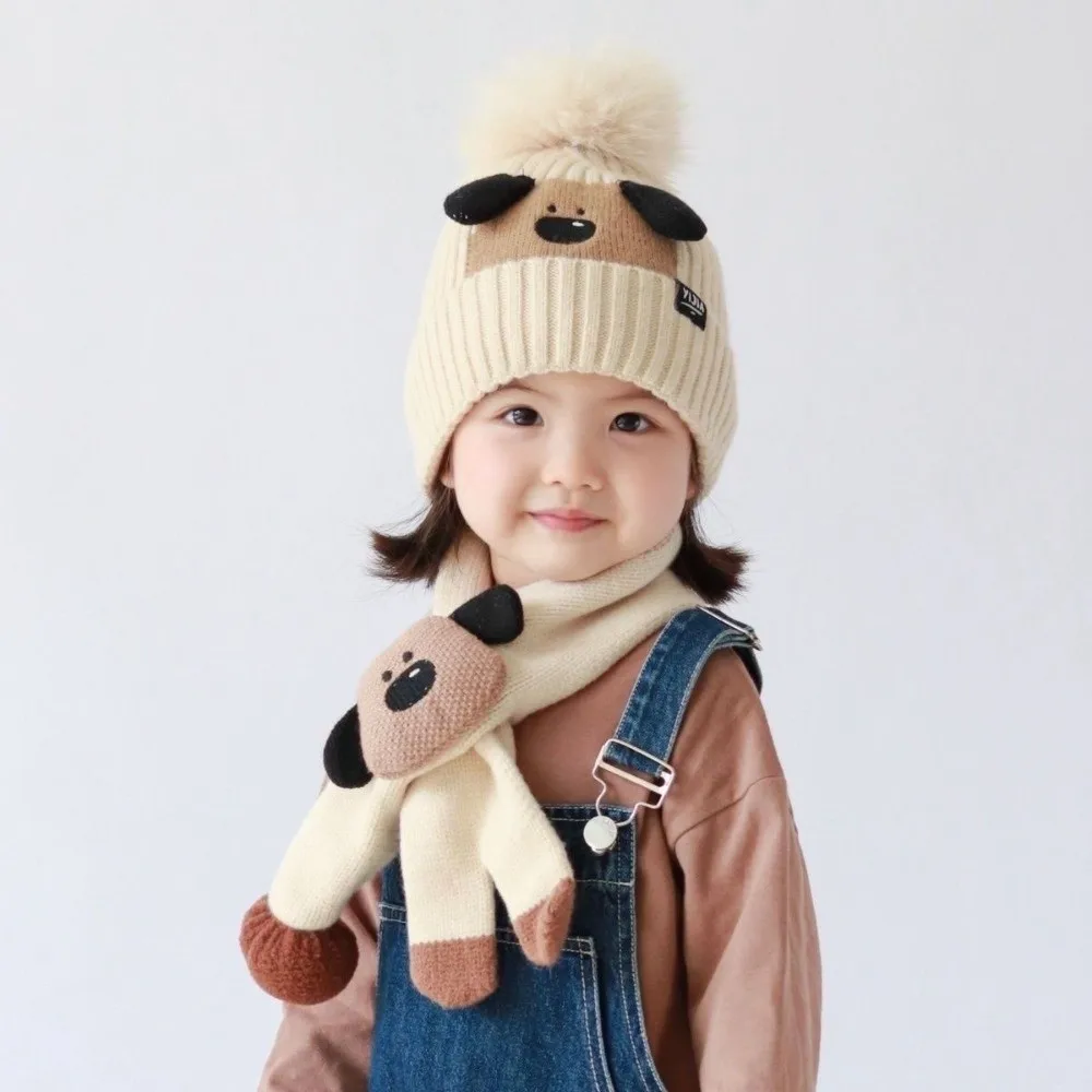Conjunto de gorro y bufanda Kawaii para niños, gorros tejidos de estilo coreano grueso, gorro cómodo a prueba de viento, Jersey para niños, 2 uds.