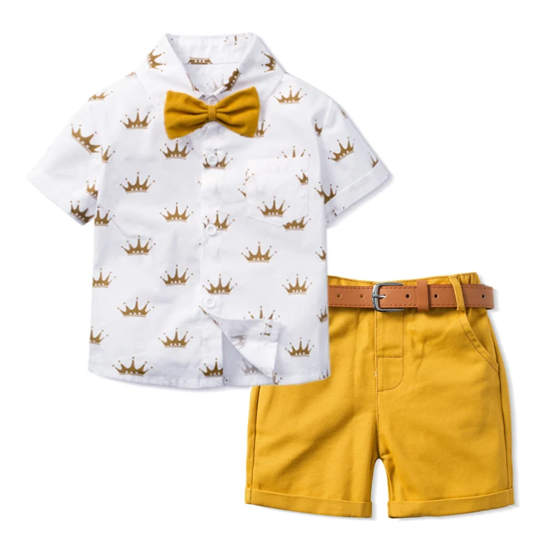 Boys Sets Clothing Summer Crown Print Polo T-Shirt White Shorts Yellow Bowtie Children\'s Clothing For Boy Kids Clothes Boys