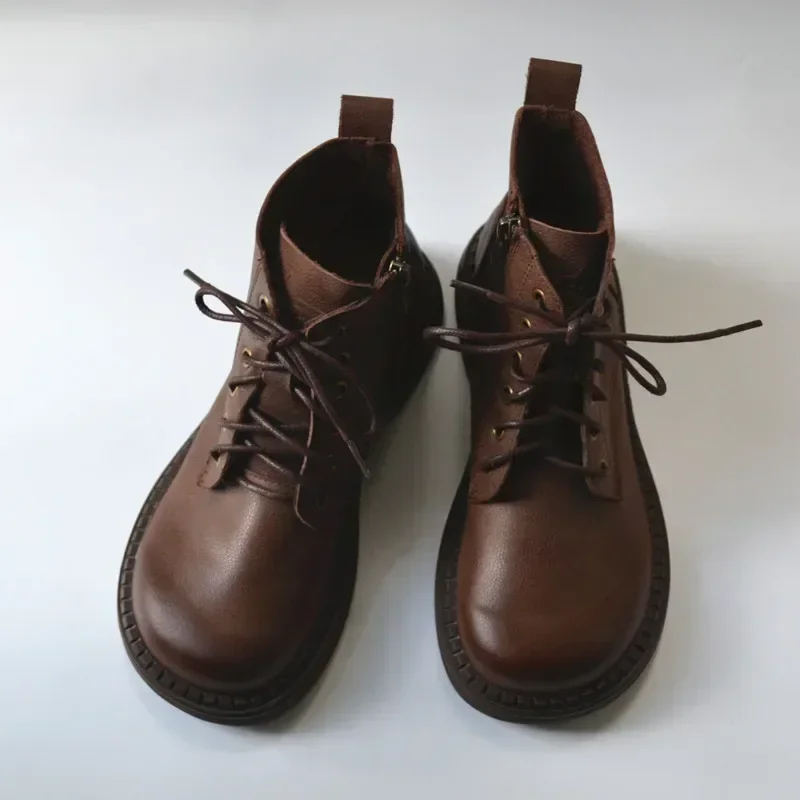 Retro literary soft women boots genuine leather rubbing literary looseness wide toe fat feet  booties big nose