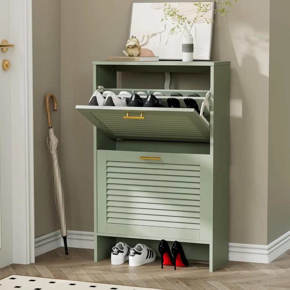 

Shoe Storage Cabinet with 2 Flip Drawers, Louvered Shoe Cabinet for Entryway, Narrow Hidden Storage Organizer Space Saving, Shoe