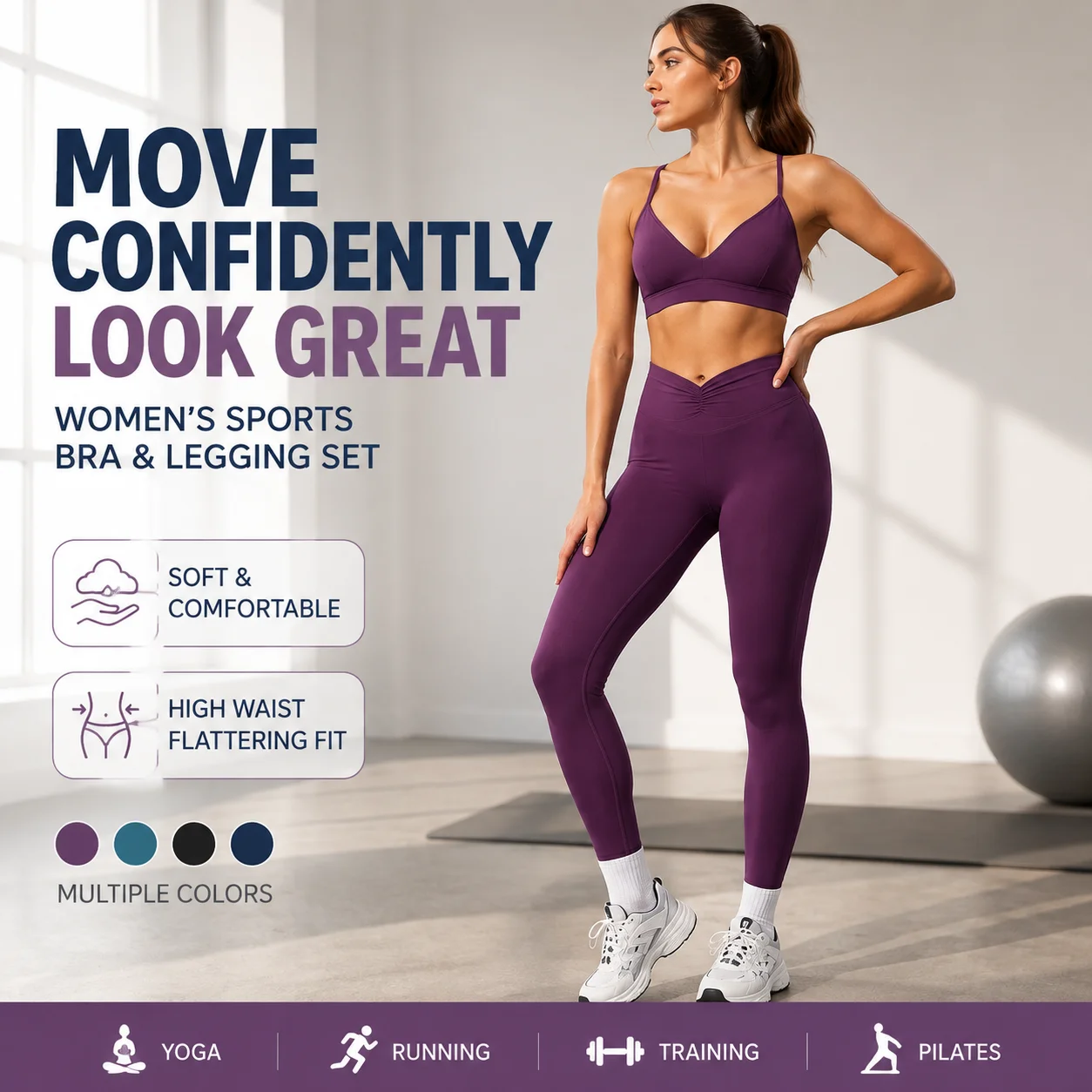 Women's V-Neck Y-Back Sports Bra & Butt Lifting Leggings Set - High Waist Tummy Control Yoga Gym 2-Piece Suit, Multiple Colors,