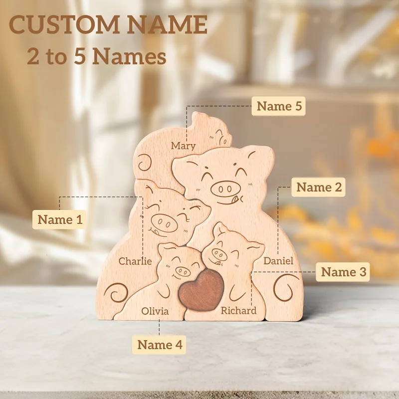 لغز عائلة الخنزير الخشبي المخصص، زينة اسم العائلة المخصصة، هدية خنزير علوية لتزيين المنزل في الذكرى السنوية لعيد الميلاد #1