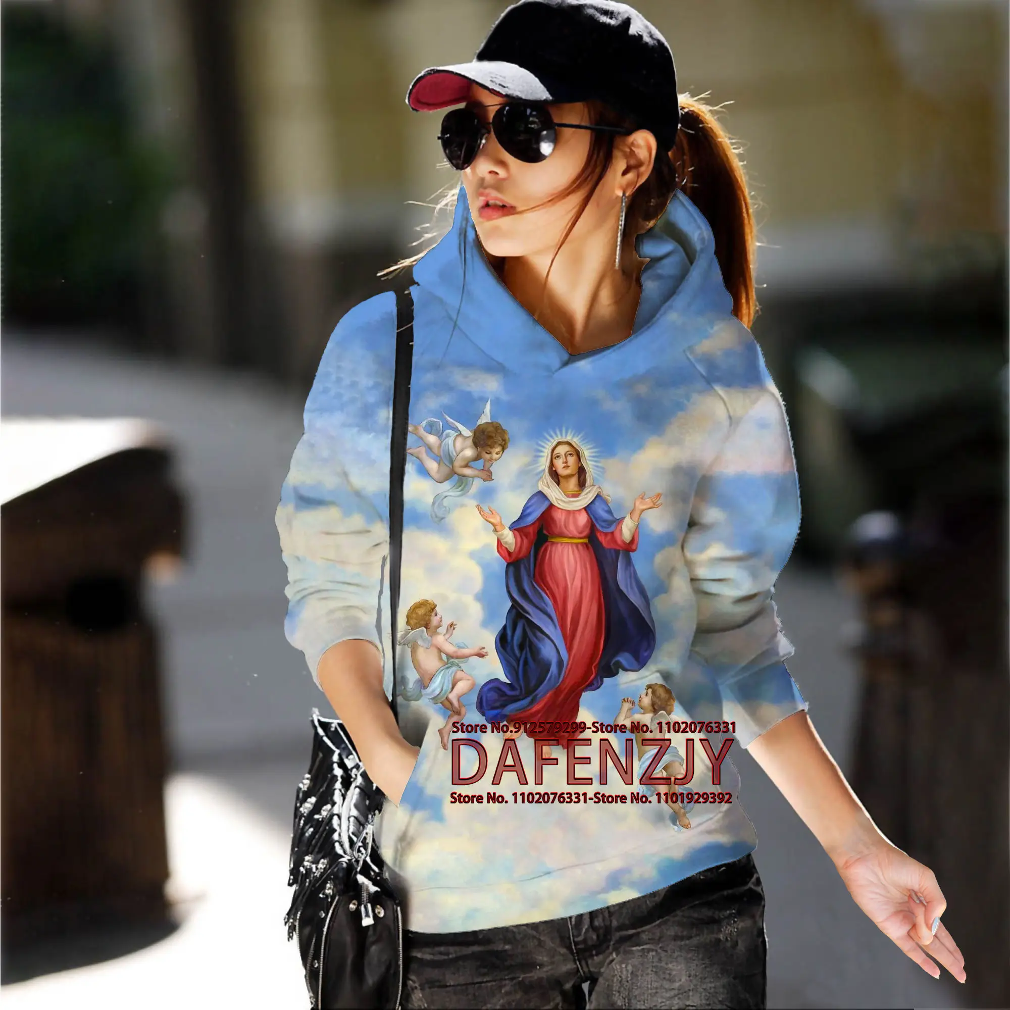 New Harajuku Hoodie Womens Virgin Mary Casual Hooded Sweatshirt Jesus Long Sleeve Coat Casual Jacket Blouse