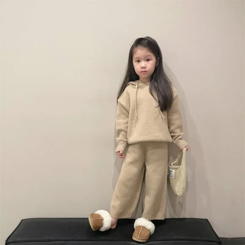 Girls Casual Hooded Knitted Korean Sweater Set Children\'s Sets Autumn Winter Coat and Pants Kids Two Piece Set Clothes