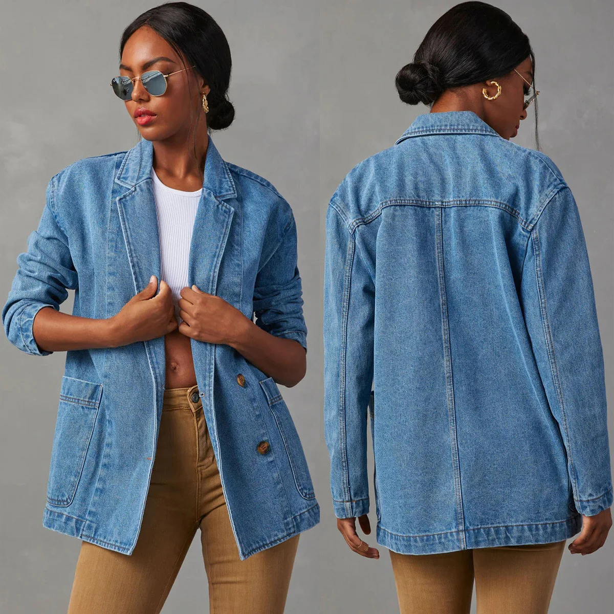 Women's Spring and Fall New Fashion Denim Suit Jacket,Solid Color Loose V-neck Long Sleeve Casual Denim Jacket with Pockets Y2k