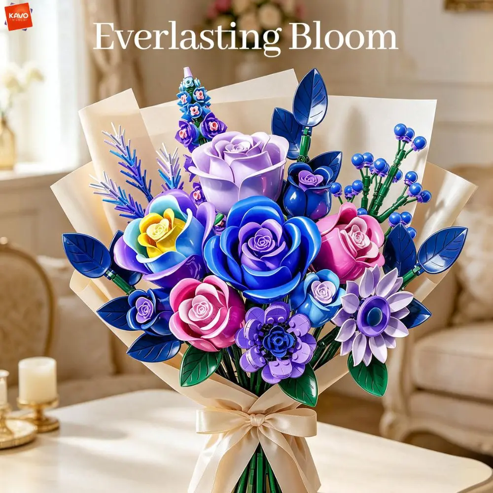 KAVOWORLD 828PCS Purple Blue Rose Building Blocks Bouquet DIY Artificial Flower Bricks Educational Toy Home Decor Gift for Women