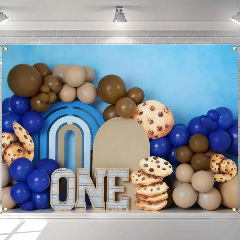 LS Cookies Milk Balloon Photography Background Wooden Door Blue Backdrops Children Birthday Party Photocall Photo Studio