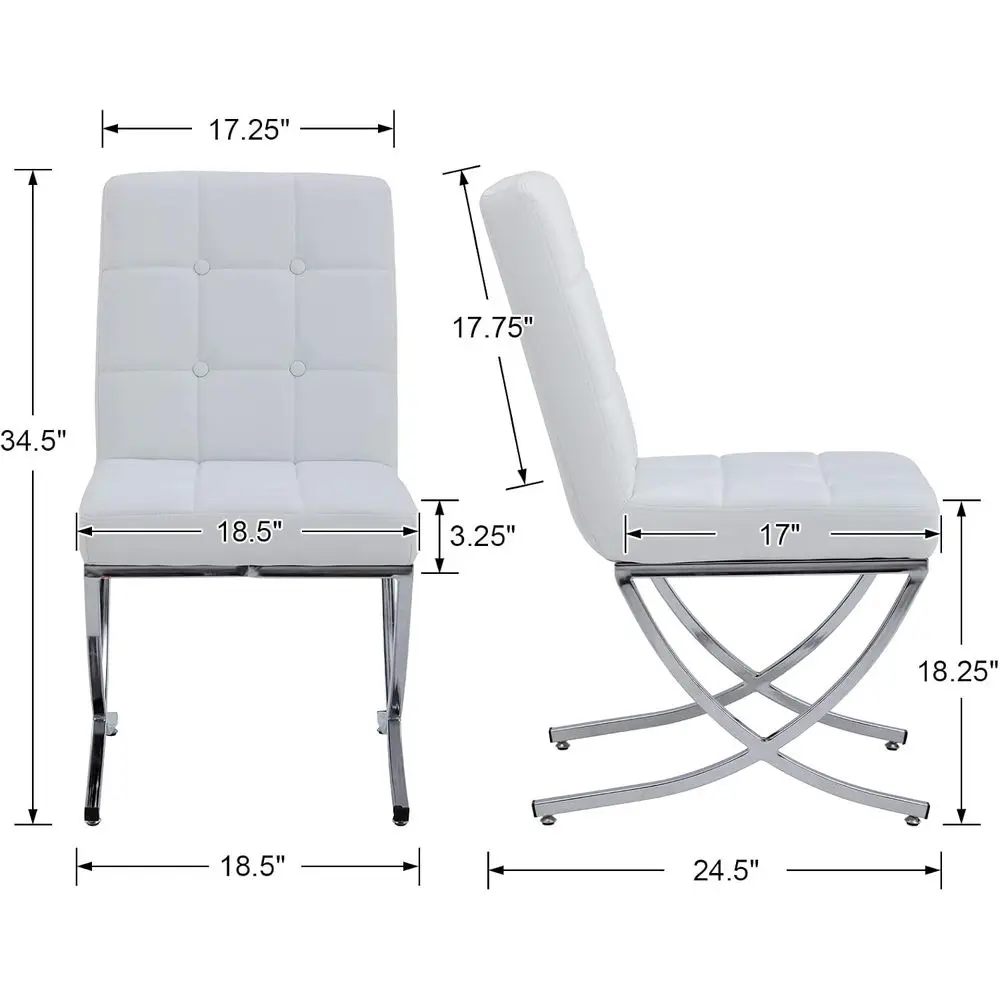 ern Dining Chairs Set o 4, White Leather Upholstered Seater with Chrome Metal Legs and High Tuted Backs, Arml, or Dining Room/Ki