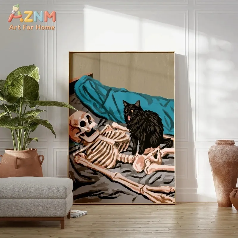 Vintage Art Skeleton on Bed Surprised Black Cat Funny Gothic Halloween Canvas Poster Prints Frameless Wall Art Decorations