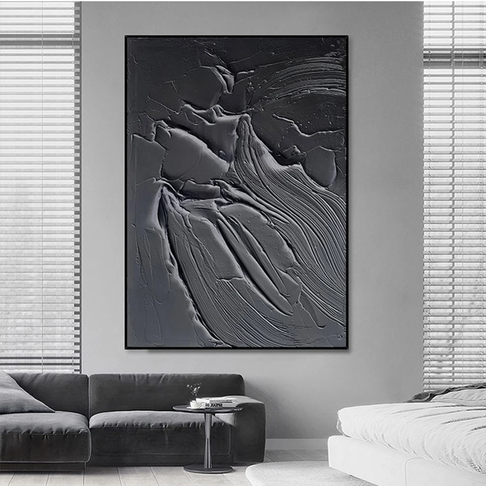 Hand Painted 3D Abstract Black Artwork Texture Acrylic Wall Art White Canvas Painting Modern Simple Black Abstract Oil Painting