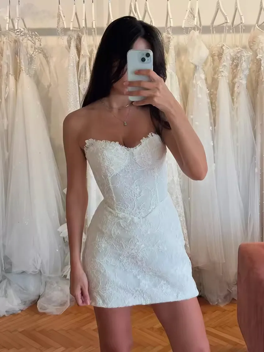 

Customized Sweetheart A Line Short Wedding Party Dress Women Elegant Lace Mini Bridal Gowns Knee-Length Backless Prom Dress