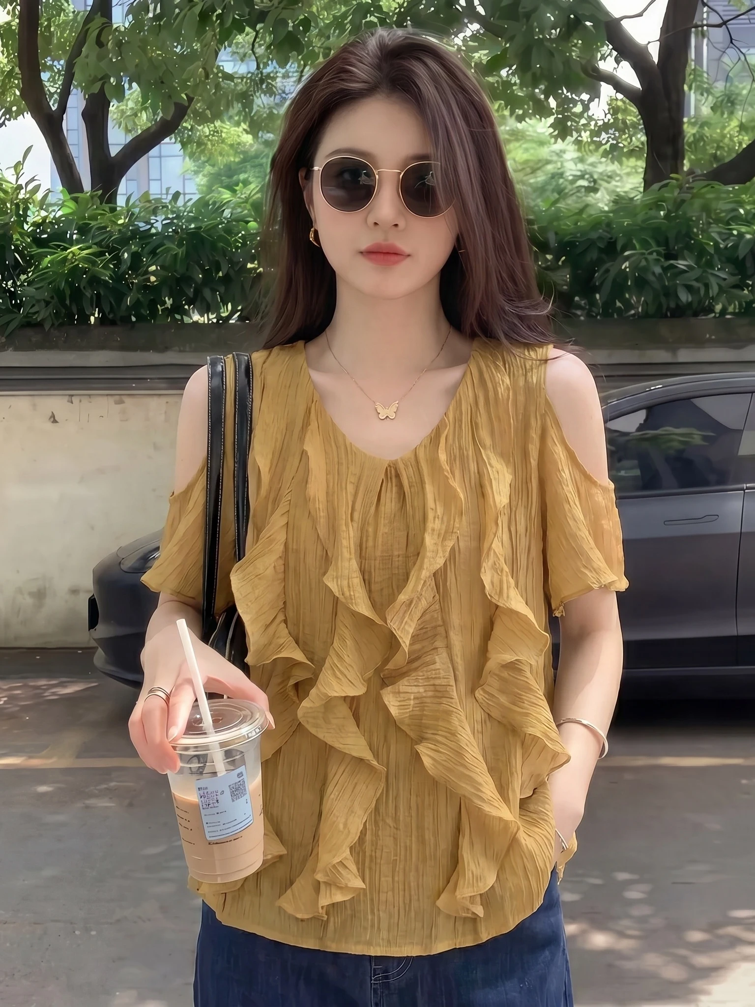 

Flounce Shoulder Chiffon Shirt Women's Summer New Style plus Size Fashionable Slimming Trendy Top Korean Style Commute Wind