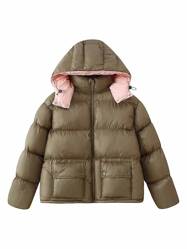 

HH Woman Winter Long Sleeves Stand Collar Color Block Decoration Hooded Pocket Cotton Jacket Female Commuting Casual Jacket