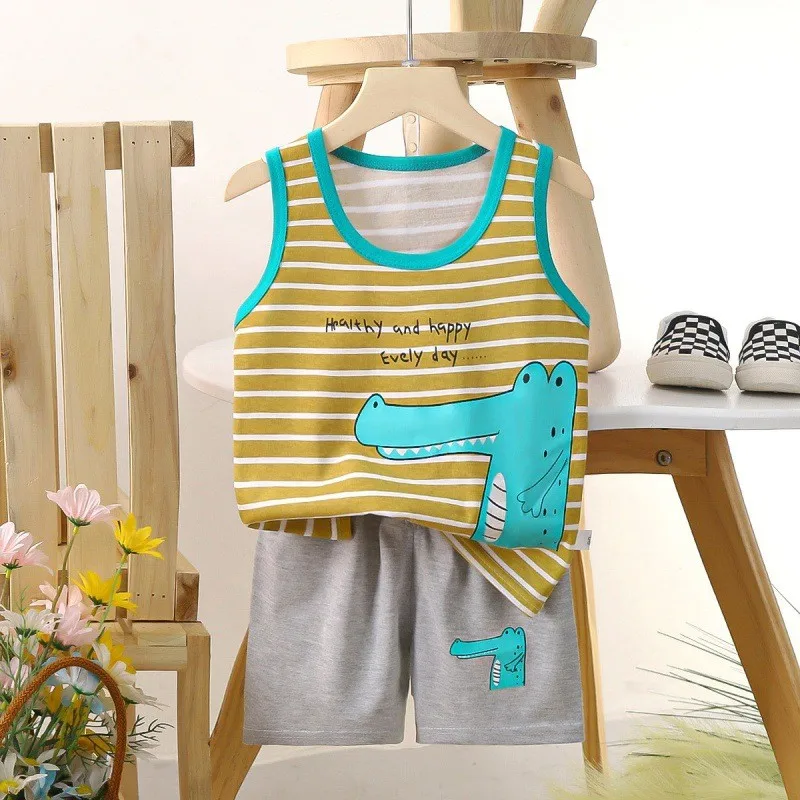 Cartoon Crocodile Vest+Shorts 2-Piece Clothing Set Pajamas Summer Kids Baby Boys Girls Cotton Casual Tracksuit Clothes Suit 0-6