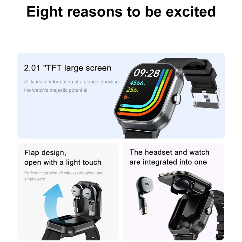 New earphones and watch 2-in-1 TFT 2.01-inch high-definition health monitoring Bluetooth call exercise step counting smart watch
