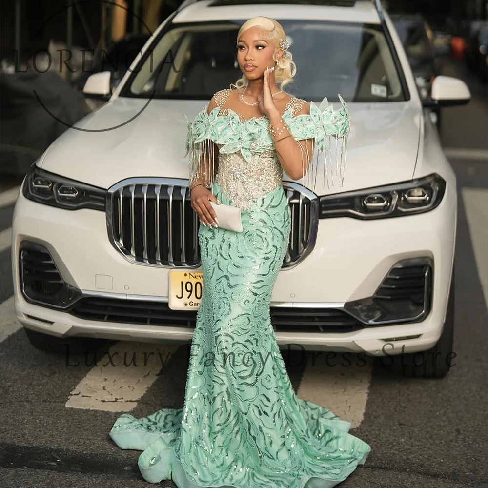 

Exquisite Leaf Ornaments Prom Dresses Tassel Glitter Mermaid Wedding Party Gowns Customized Sleeveless سيرين هيل فساتين سهره