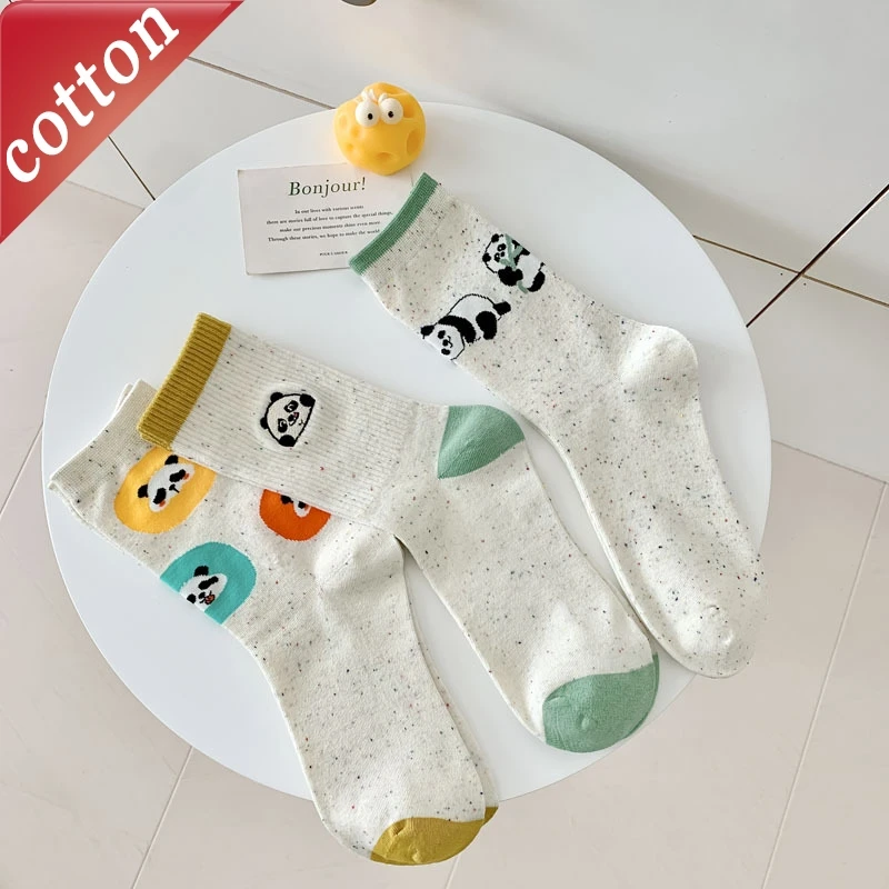 

3 Pairs Ladies' Socks Set Chinese Cartoon Panda Kawaii Cute Harajuku Versatile Mid Tube Socks High Quality Cotton Socks For Girl